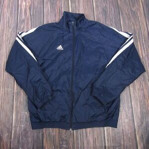 Adidas Jacket Mens Large Blue Full Zip Track Windbreaker 3 Stripes Athletic Y2K